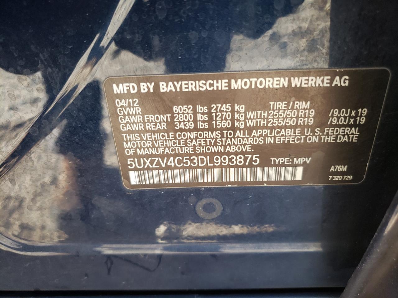 2013 BMW X5 xDrive35I VIN: 5UXZV4C53DL993875 Lot: 74077594