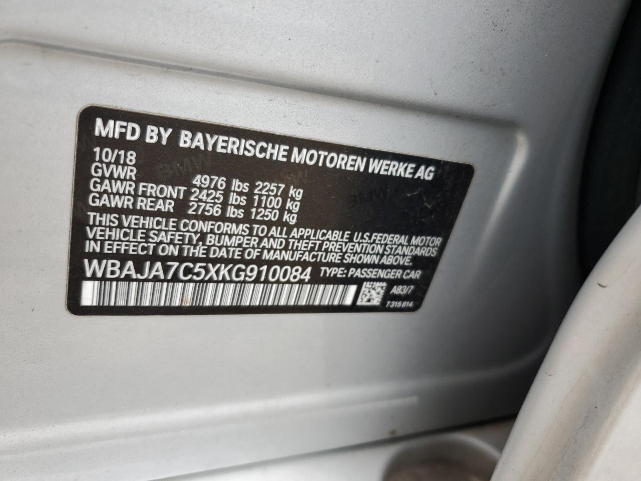 2019 BMW 530 Xi VIN: WBAJA7C5XKG910084 Lot: 78549944