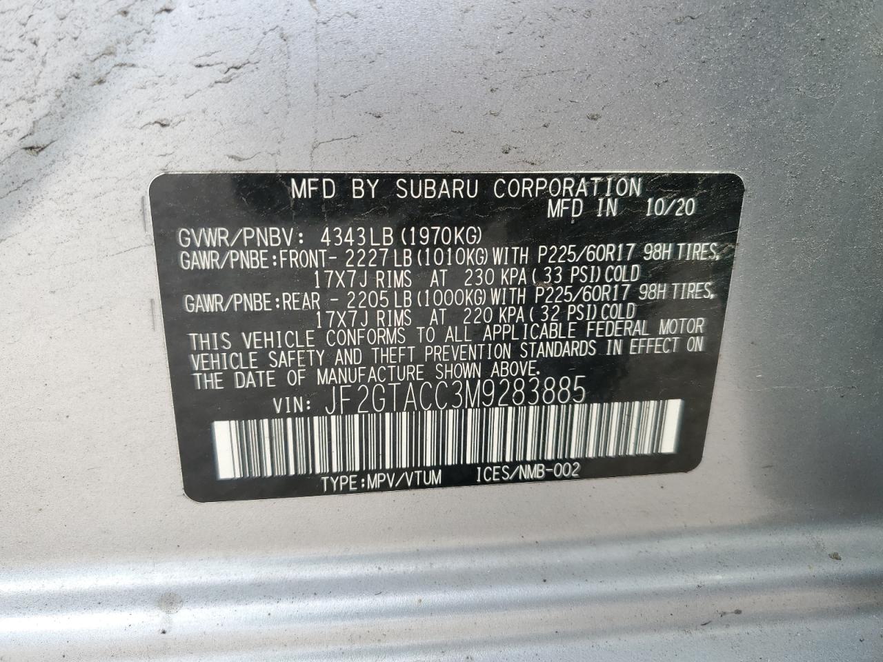 JF2GTACC3M9283885 2021 Subaru Crosstrek Premium