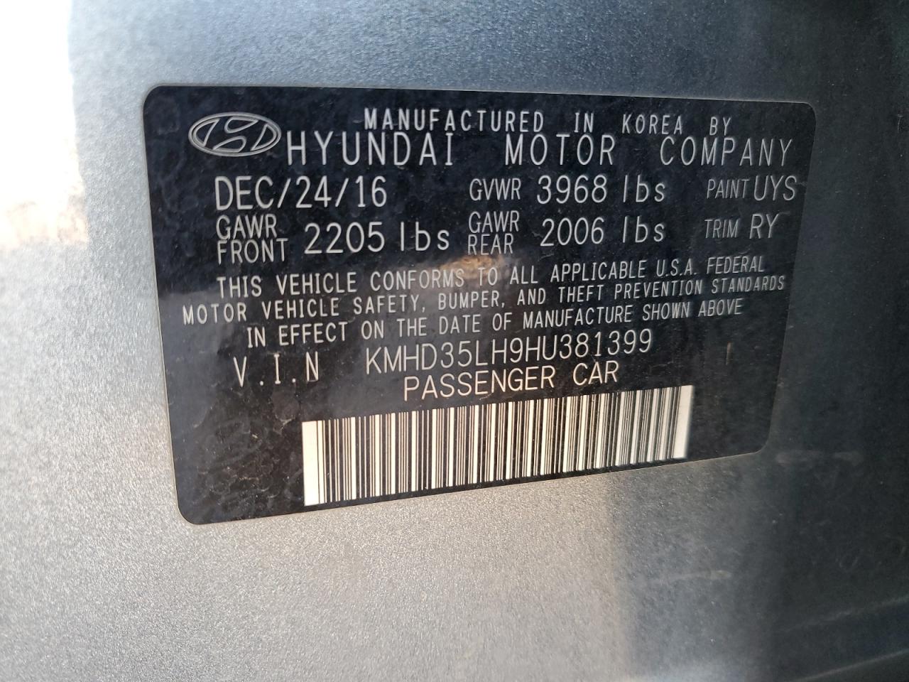 KMHD35LH9HU381399 2017 HYUNDAI ELANTRA - Image 13