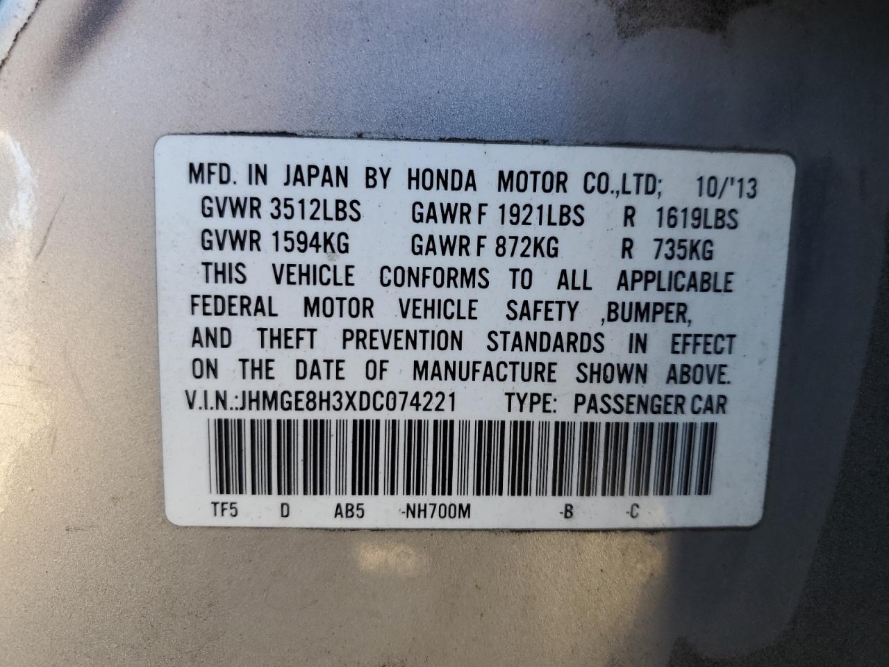 JHMGE8H3XDC074221 2013 Honda Fit