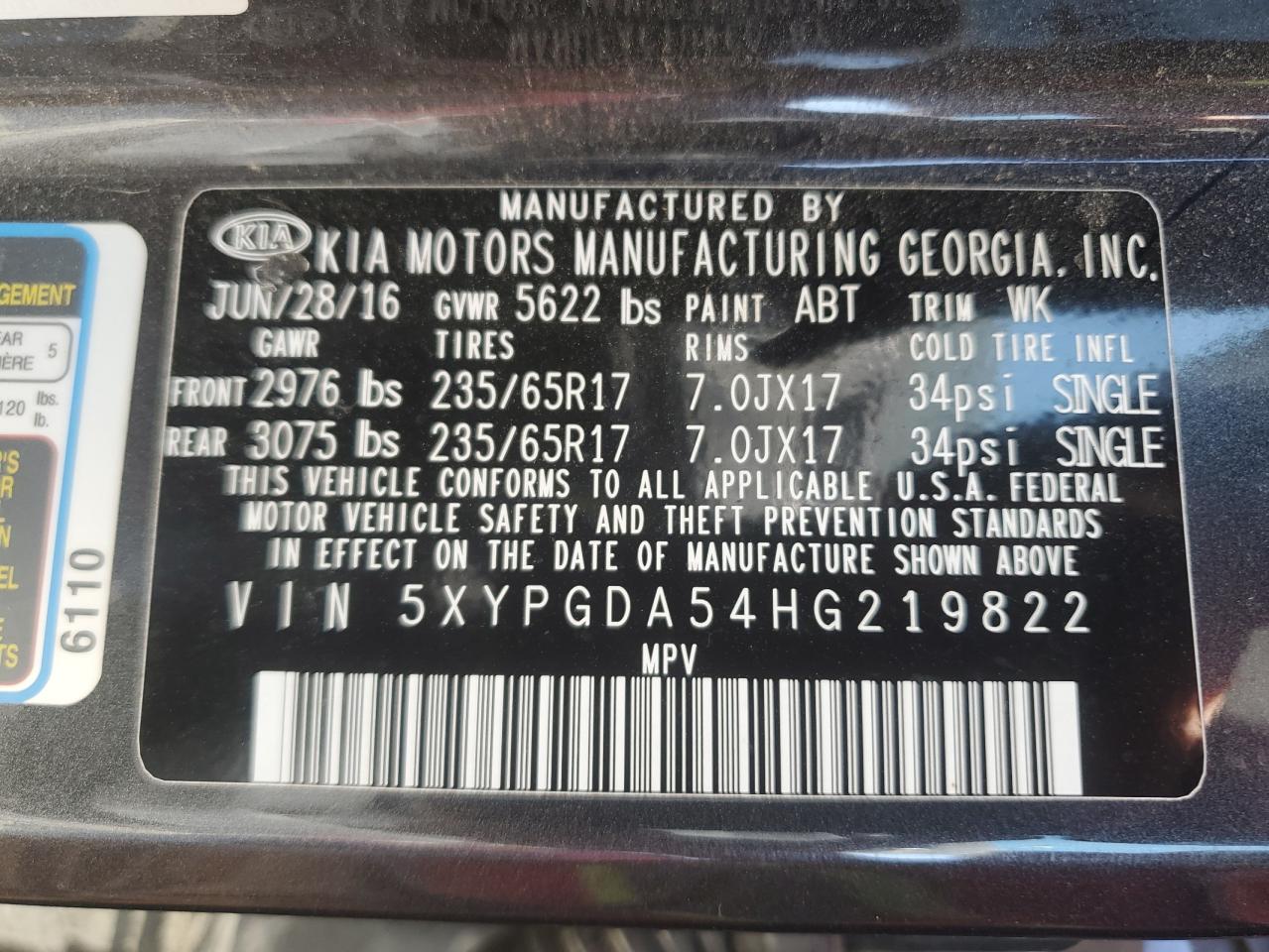 5XYPGDA54HG219822 2017 Kia Sorento Lx