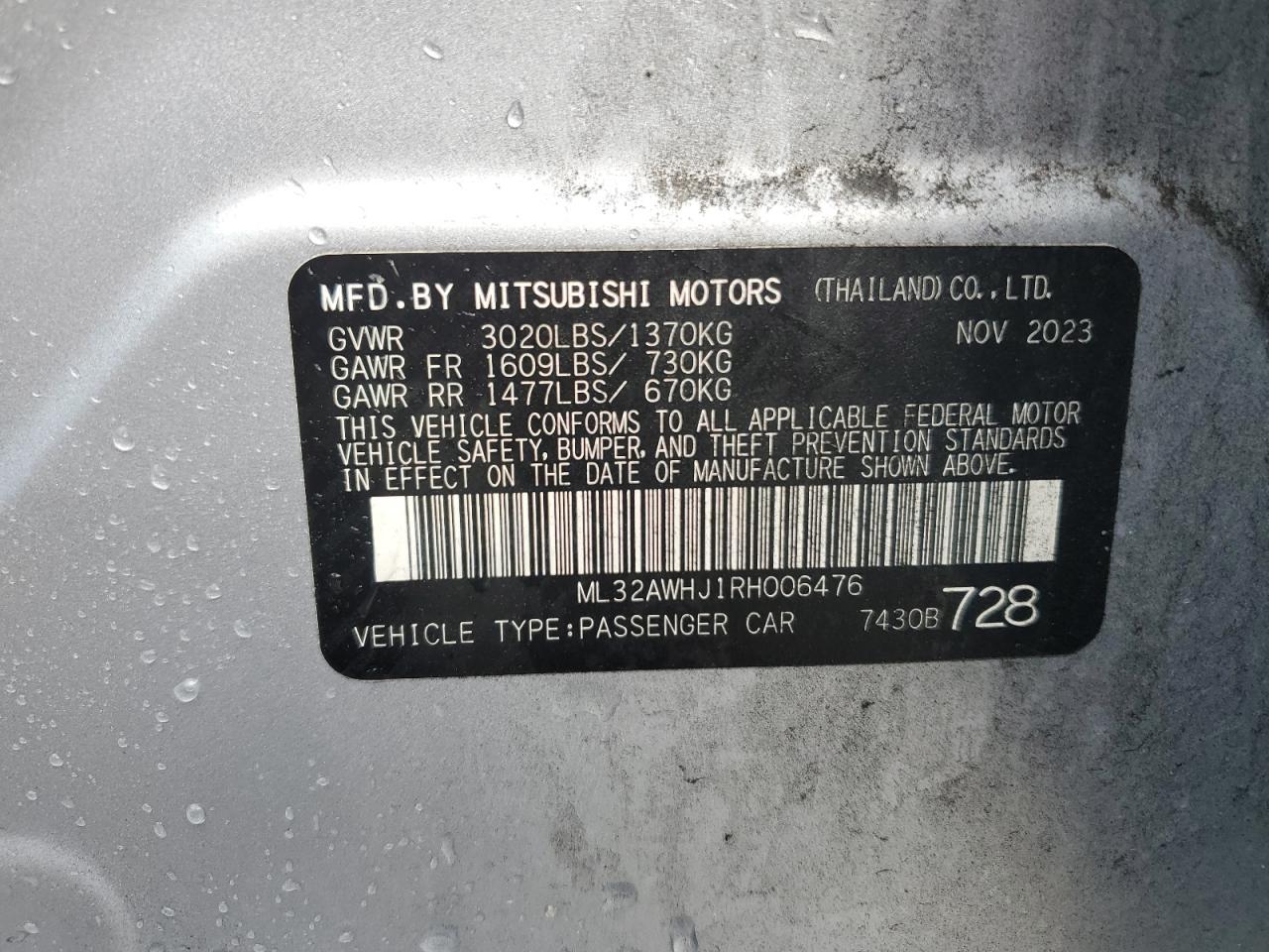 2024 Mitsubishi Mirage Se VIN: ML32AWHJ1RH006476 Lot: 76508354