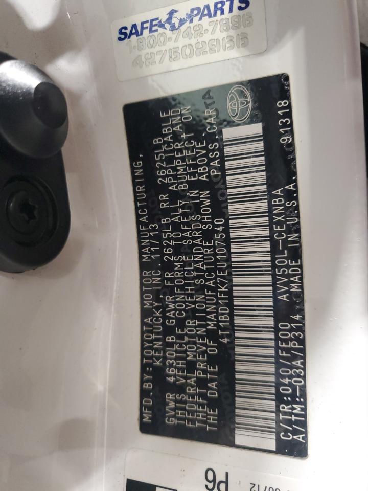 2014 Toyota Camry Hybrid VIN: 4T1BD1FK7EU107540 Lot: 77998574