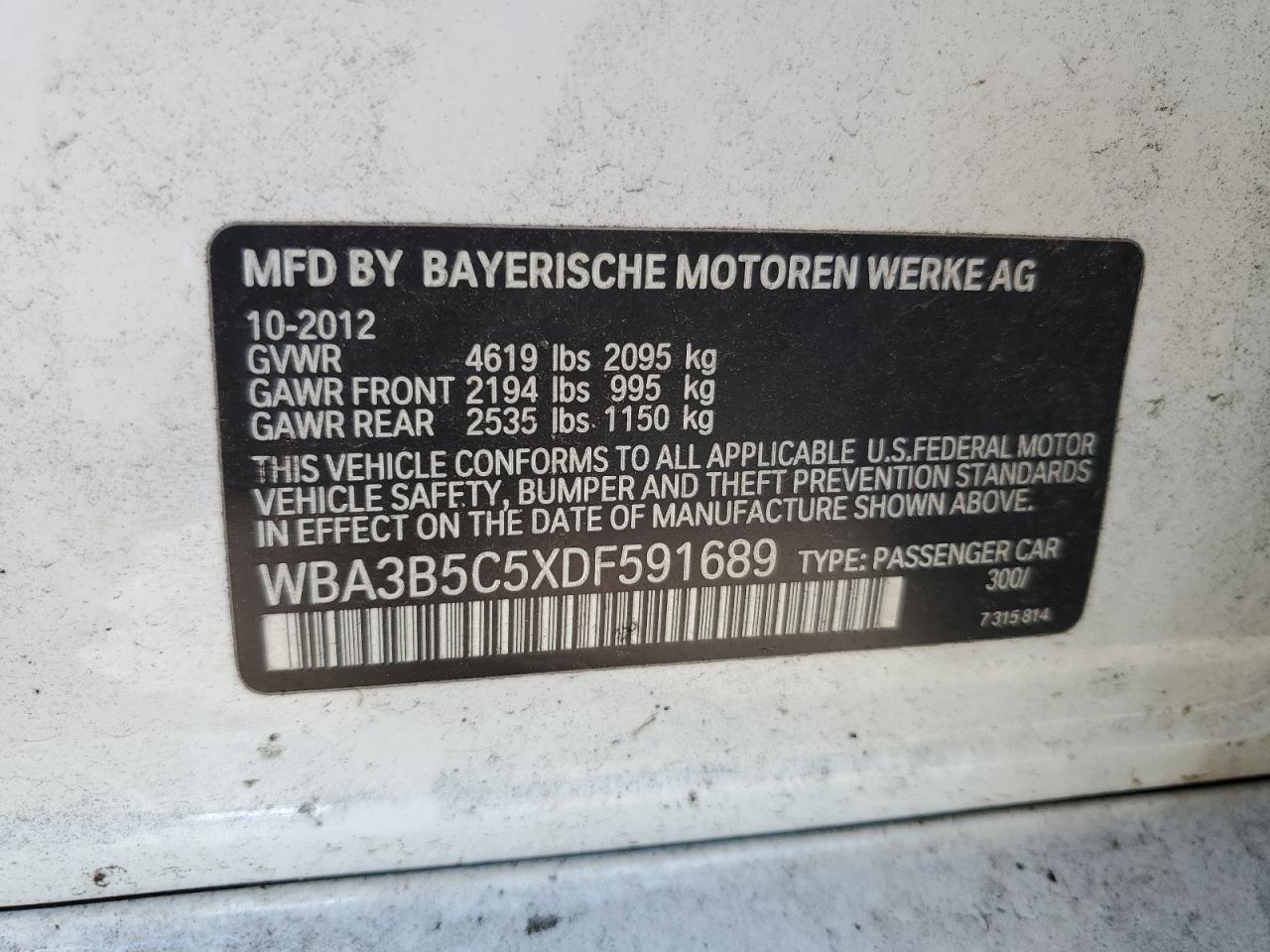 VIN WBA3B5C5XDF591689 2013 BMW 3 SERIES no.12