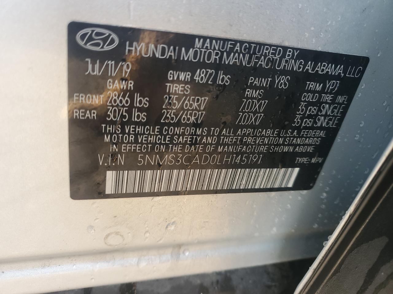 2020 Hyundai Santa Fe Sel VIN: 5NMS3CAD0LH145191 Lot: 76846424