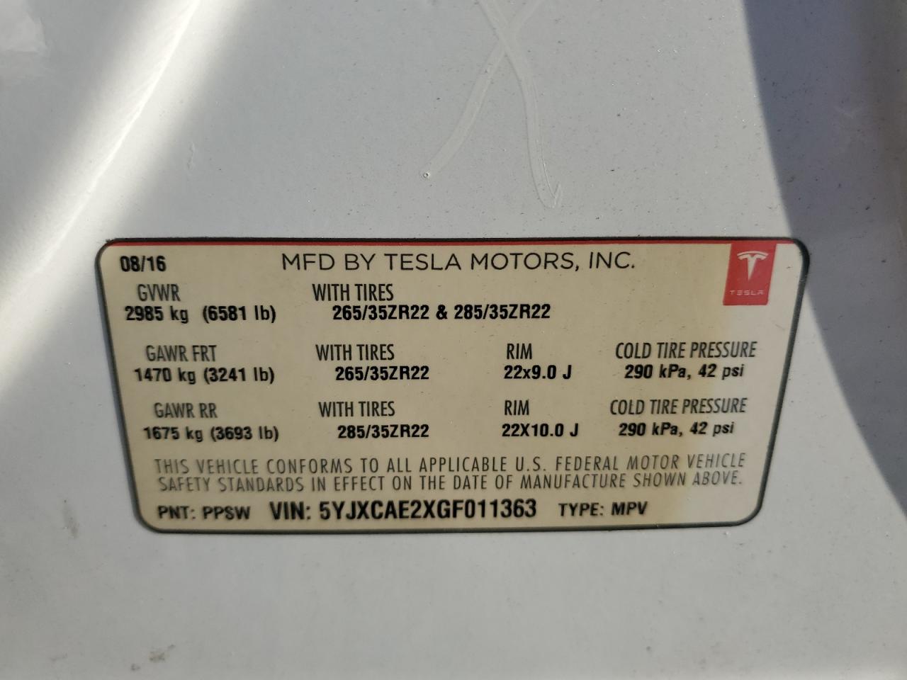 5YJXCAE2XGF011363 2016 Tesla Model X