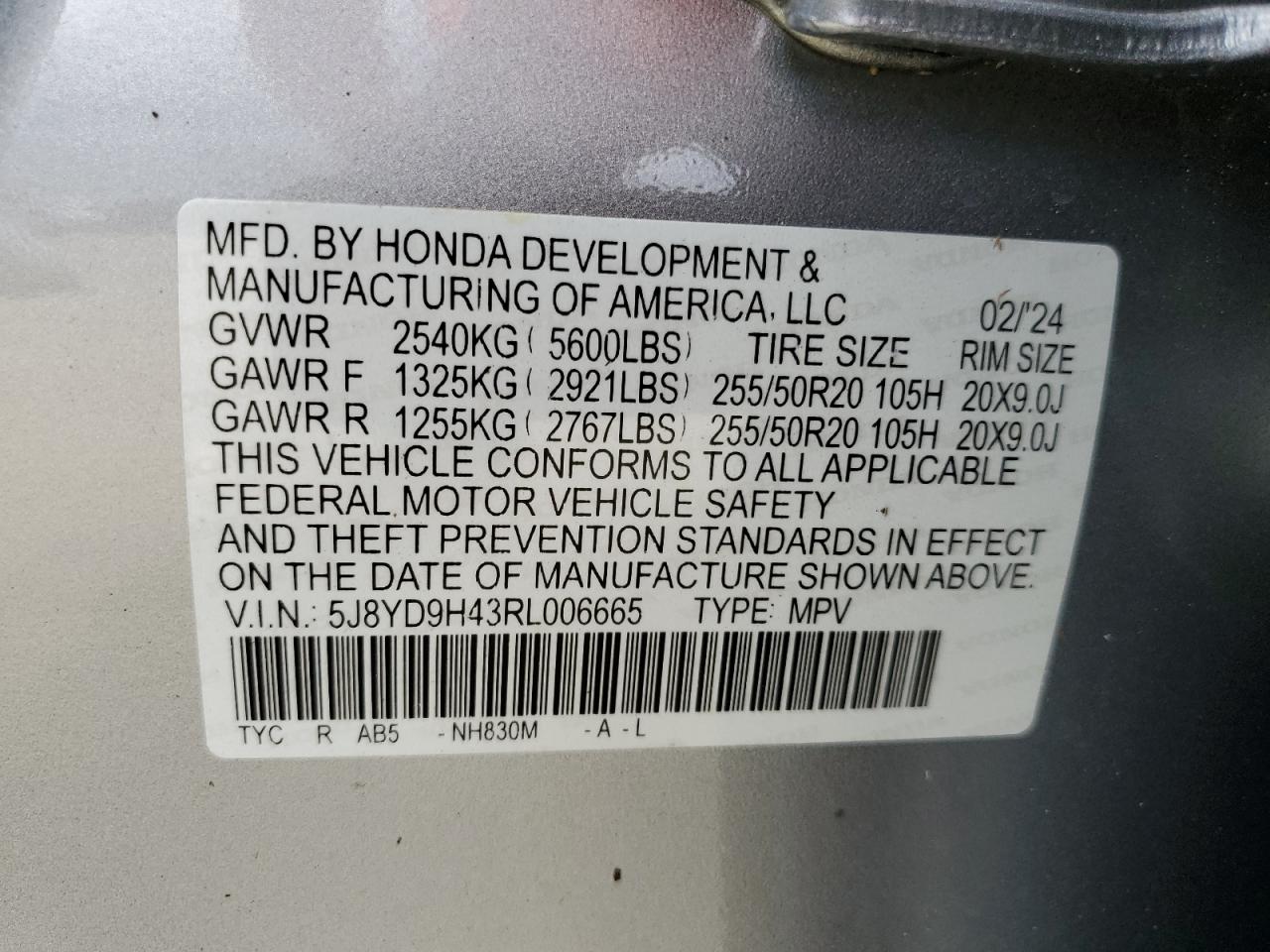 2024 Acura Mdx Technology VIN: 5J8YD9H43RL006665 Lot: 74781974