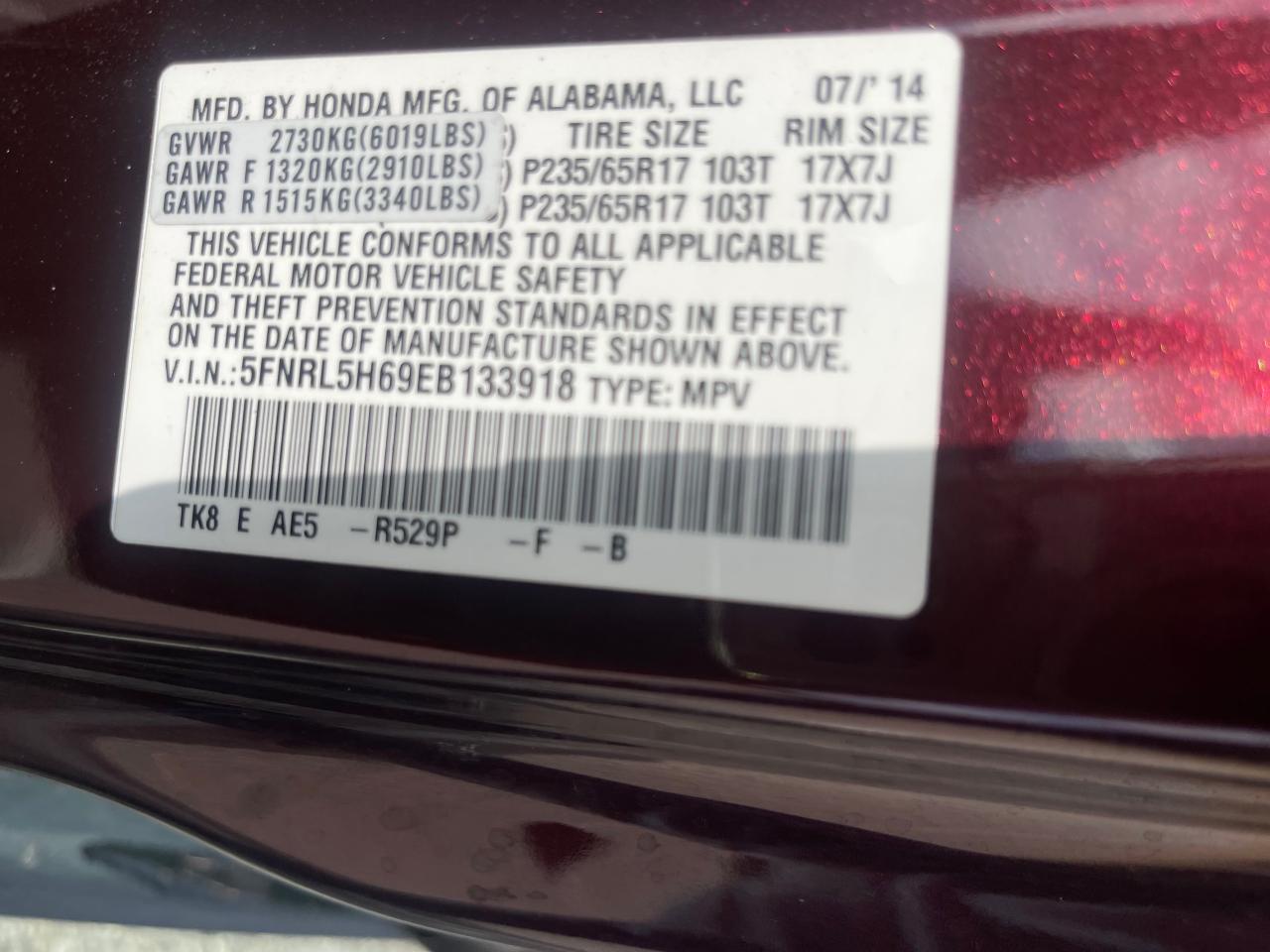 5FNRL5H69EB133918 2014 Honda Odyssey Exl