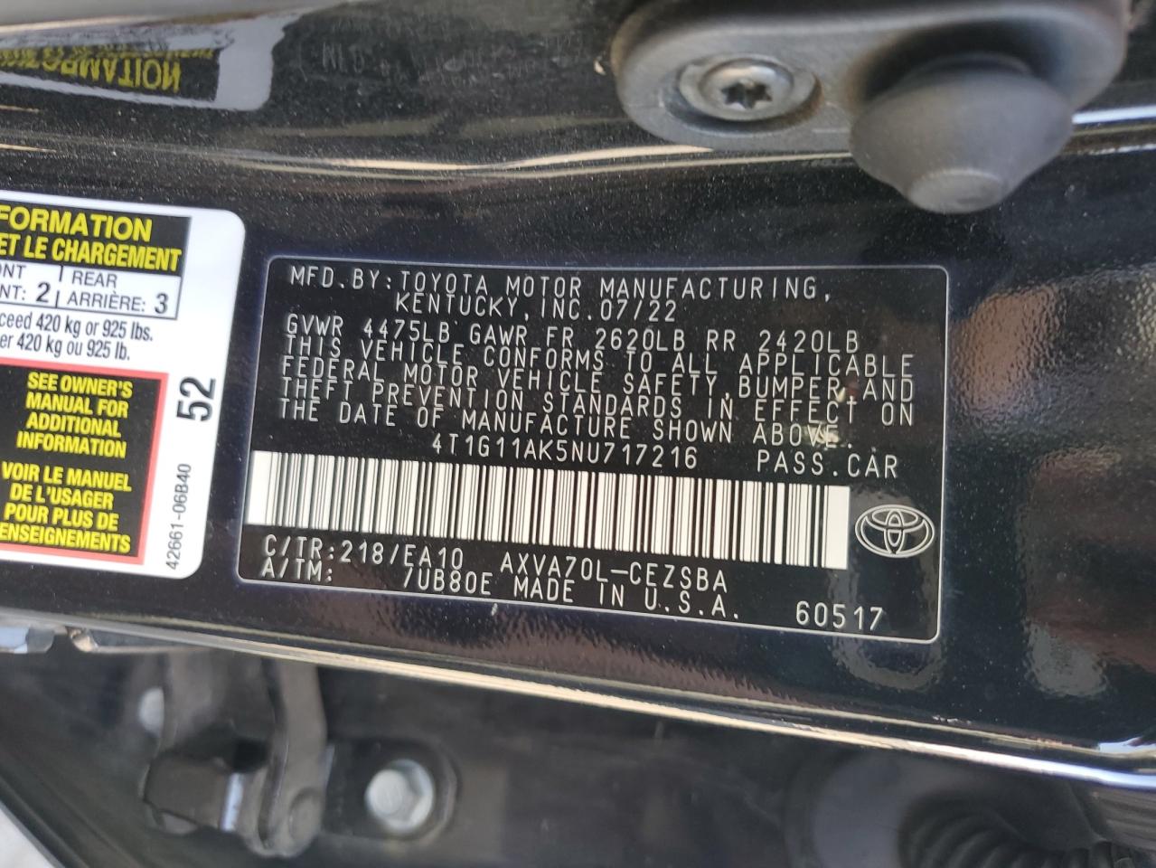 4T1G11AK5NU717216 2022 Toyota Camry Se