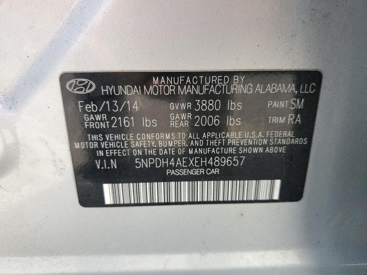 5NPDH4AEXEH489657 2014 Hyundai Elantra Se