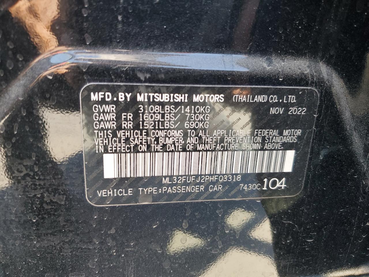 2023 Mitsubishi Mirage G4 Es VIN: ML32FUFJ2PHF03318 Lot: 76307364