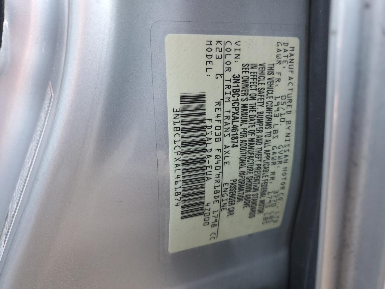 2010 Nissan Versa S VIN: 3N1BC1CPXAL461874 Lot: 75155244