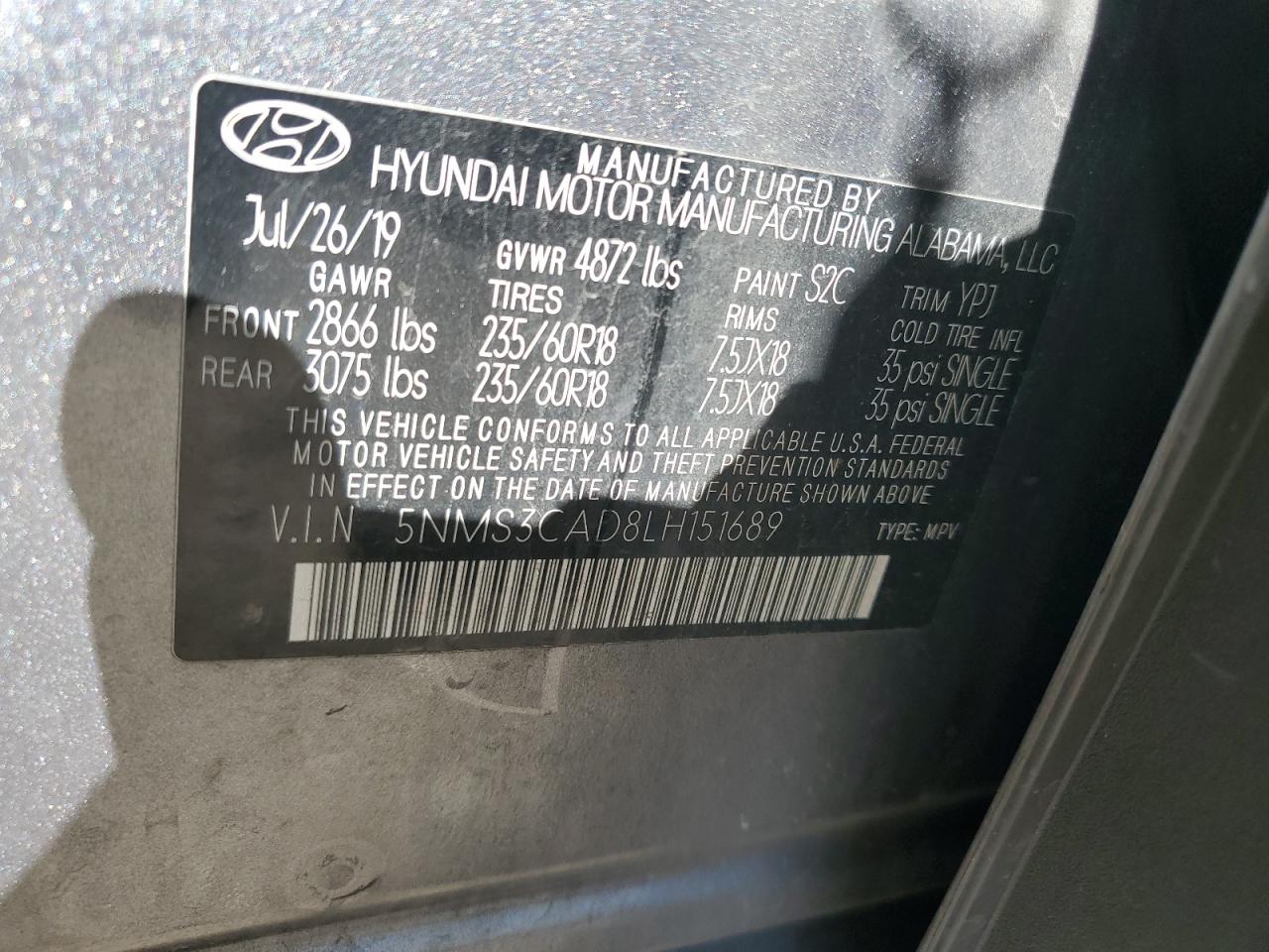 5NMS3CAD8LH151689 2020 Hyundai Santa Fe Sel