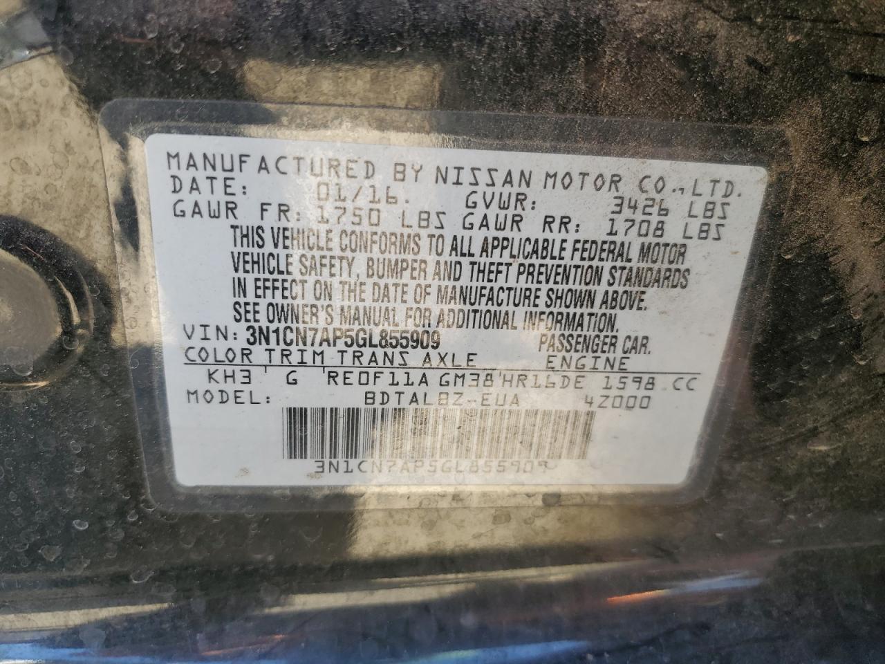 VIN 3N1CN7AP5GL855909 2016 NISSAN VERSA no.13