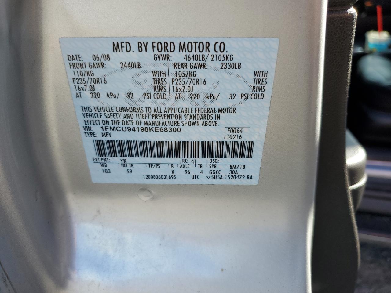 1FMCU94198KE68300 2008 Ford Escape Limited