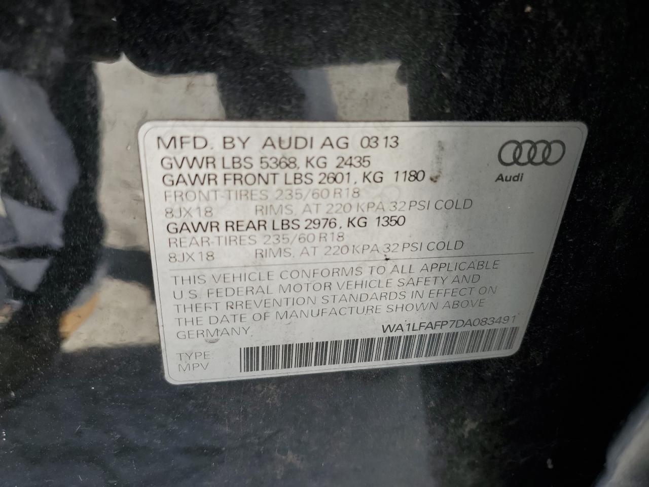 2013 Audi Q5 Premium Plus VIN: WA1LFAFP7DA083491 Lot: 76366534