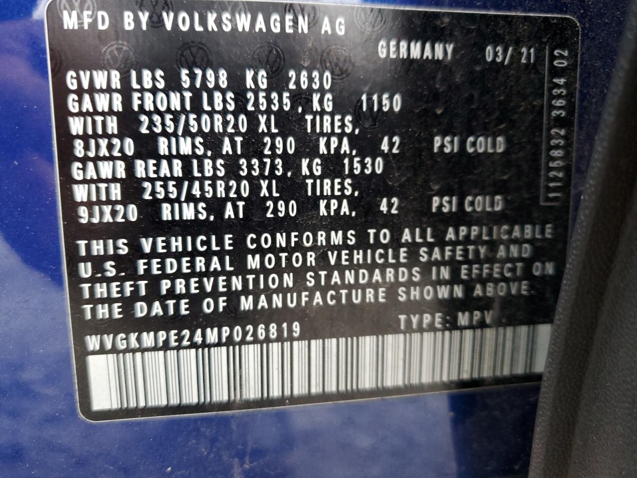 2021 Volkswagen Id.4 Pro S VIN: WVGKMPE24MP026819 Lot: 78750004