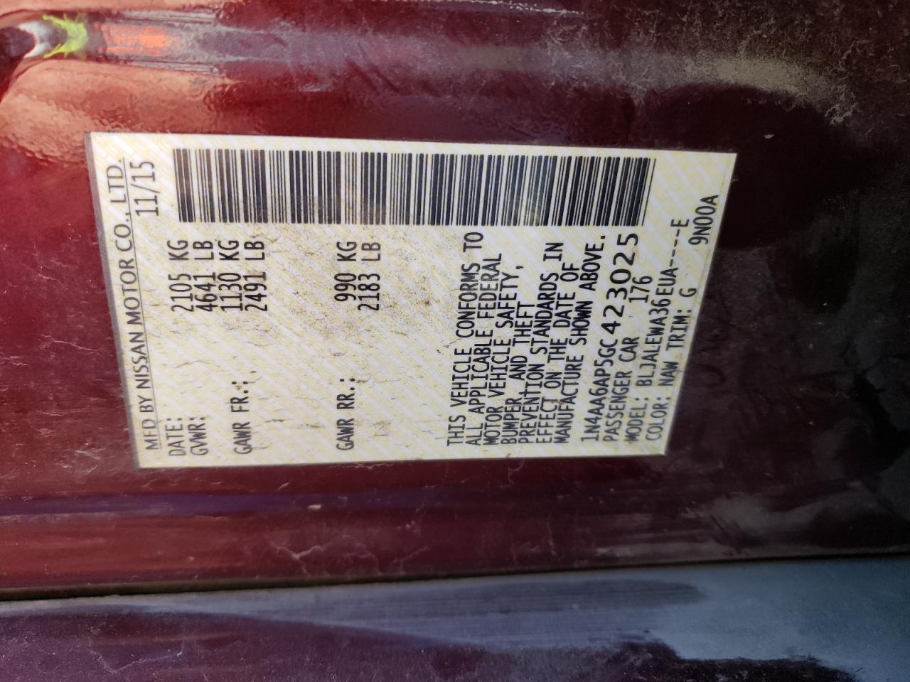 2016 Nissan Maxima 3.5S VIN: 1N4AA6AP5GC423025 Lot: 74387294