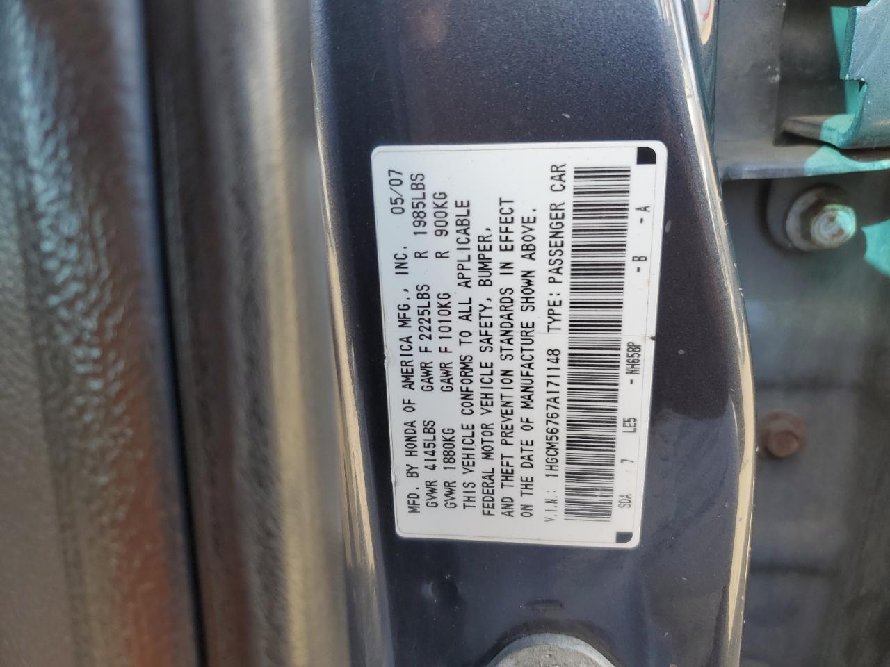 1HGCM56767A171148 2007 Honda Accord Ex