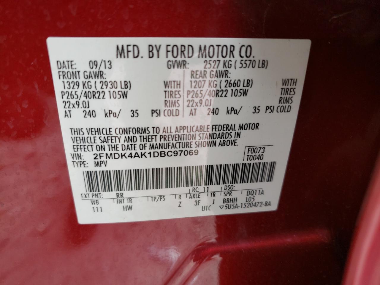 2013 Ford Edge Sport VIN: 2FMDK4AK1DBC97069 Lot: 77821664