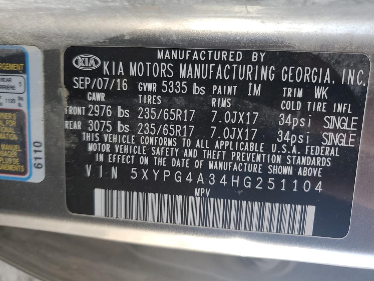 5XYPG4A34HG251104 2017 KIA SORENTO - Image 14