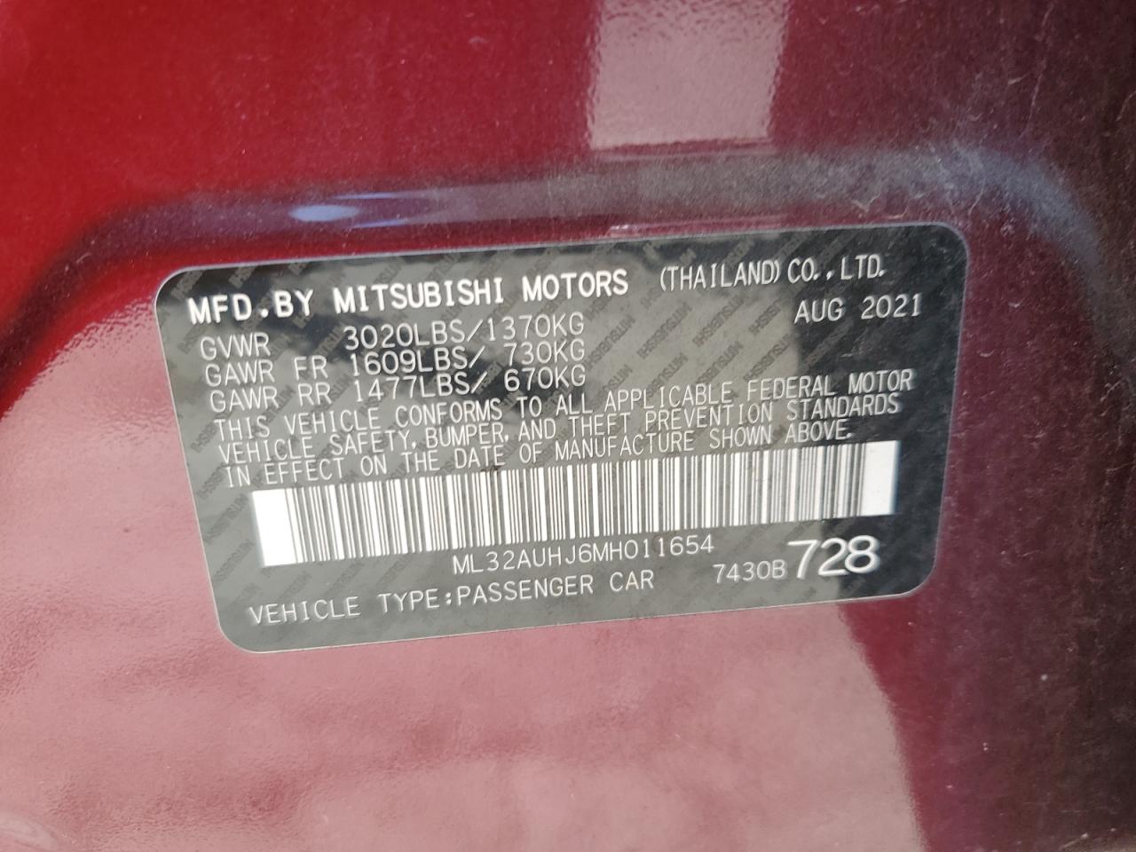 2021 Mitsubishi Mirage Es VIN: ML32AUHJ6MH011654 Lot: 74543624