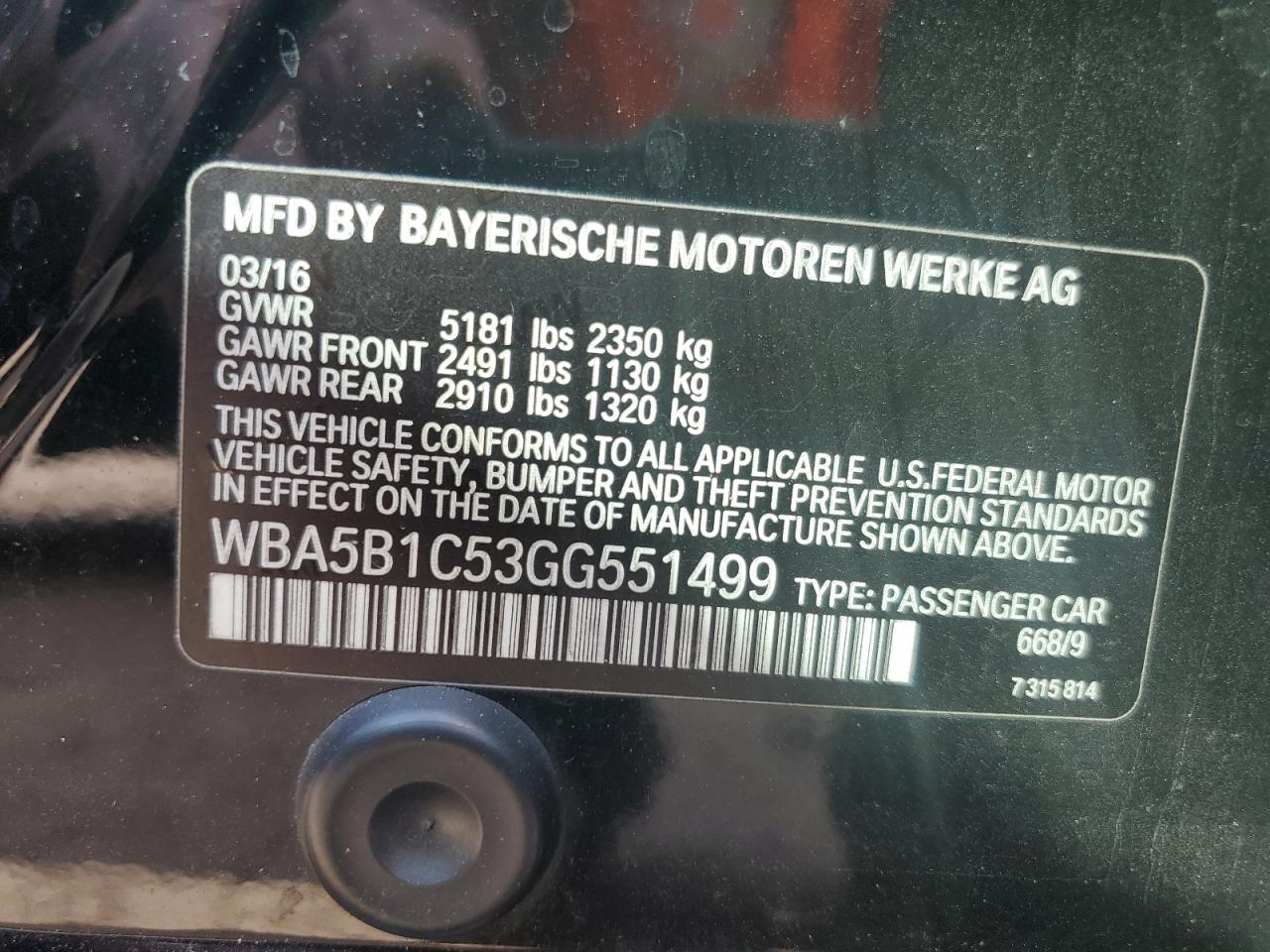 WBA5B1C53GG551499 2016 BMW 535 I