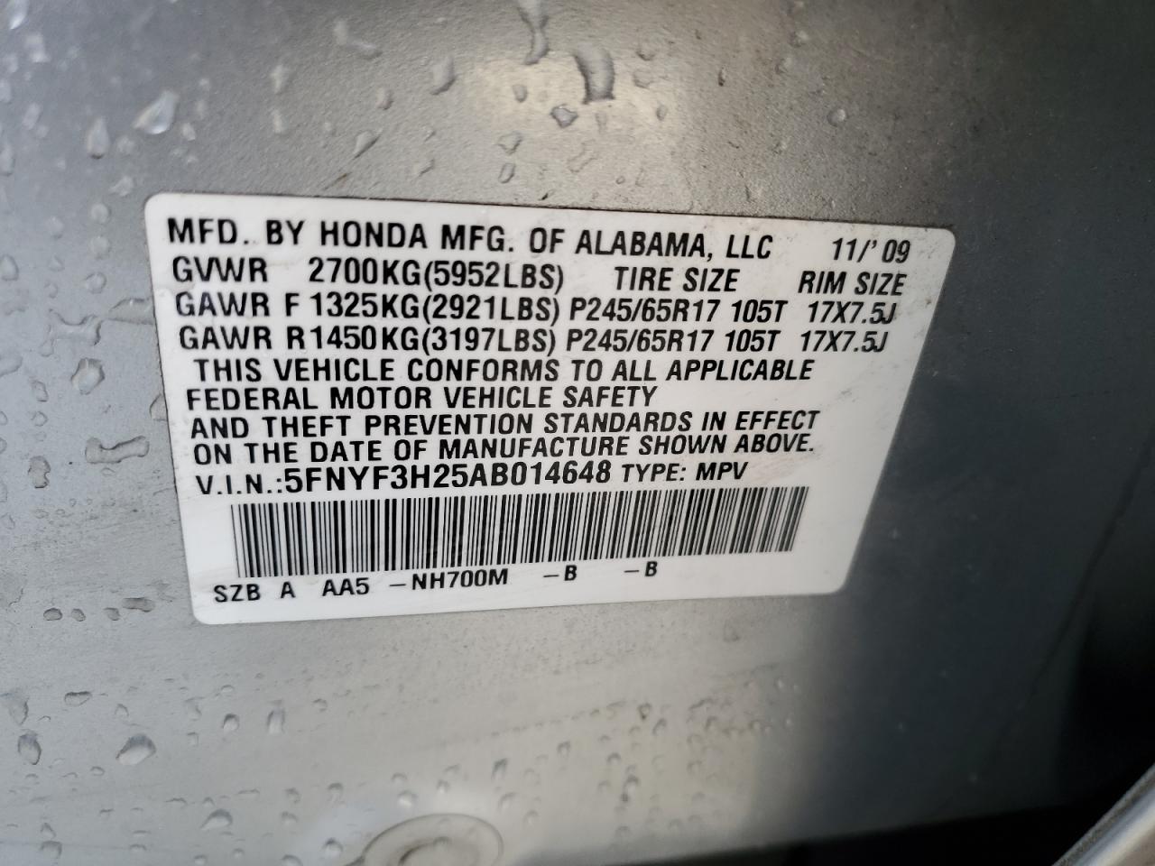 5FNYF3H25AB014648 2010 Honda Pilot Lx