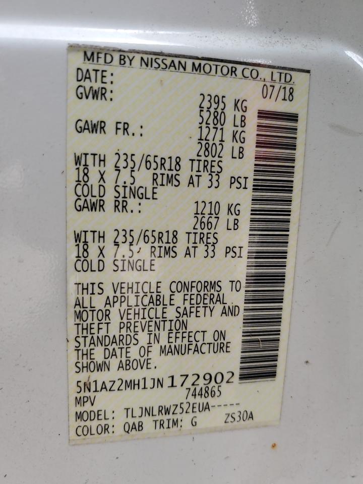 2018 Nissan Murano S VIN: 5N1AZ2MH1JN172902 Lot: 73876174