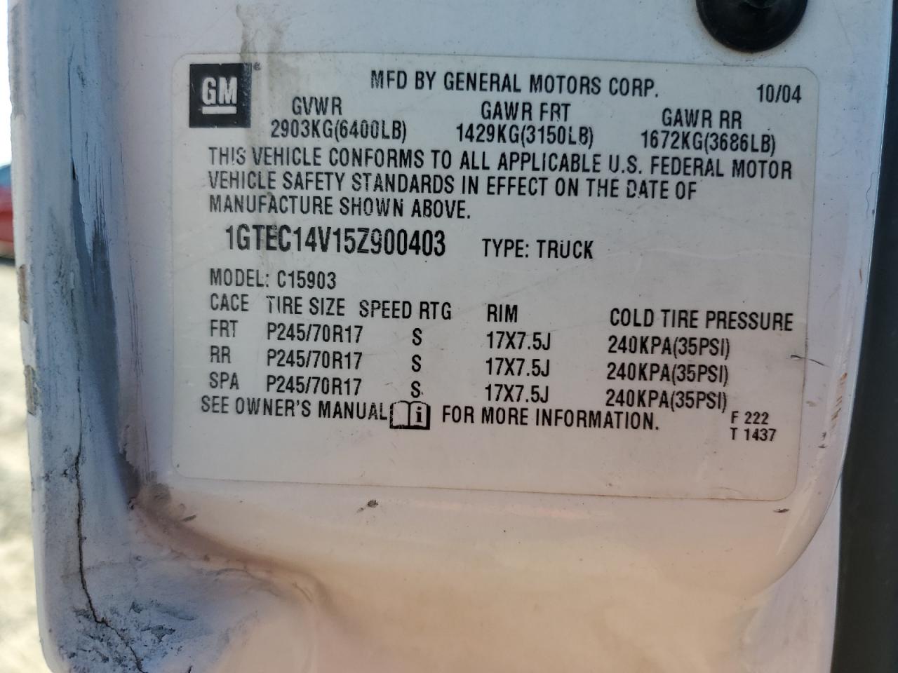 2005 GMC New Sierra C1500 VIN: 1GTEC14V15Z900403 Lot: 75773824