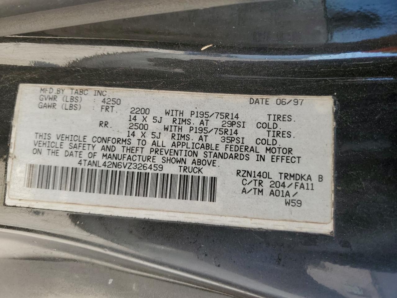 1997 Toyota Tacoma VIN: 4TANL42N6VZ326459 Lot: 75765864