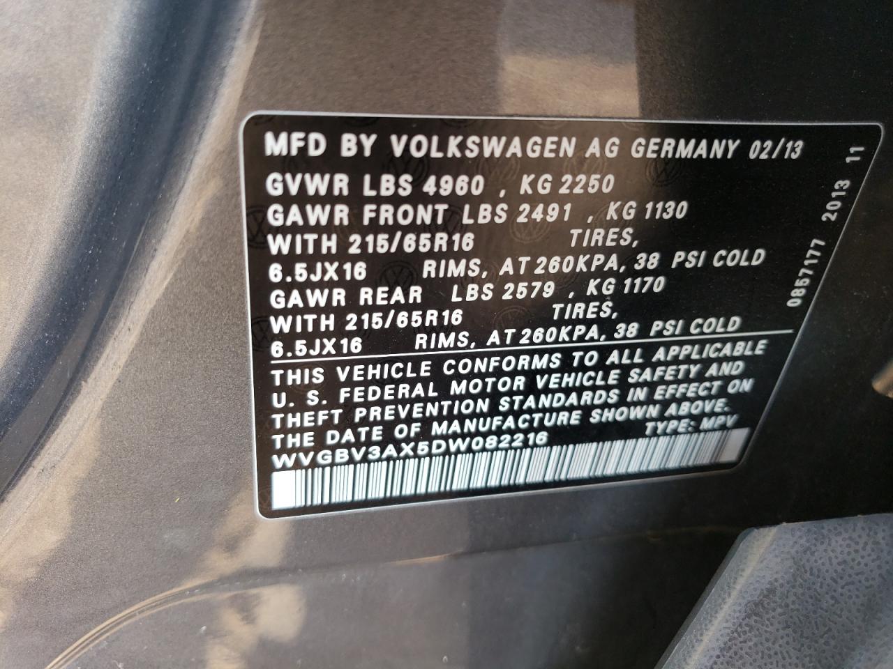 2013 Volkswagen Tiguan S VIN: WVGBV3AX5DW082216 Lot: 75412354