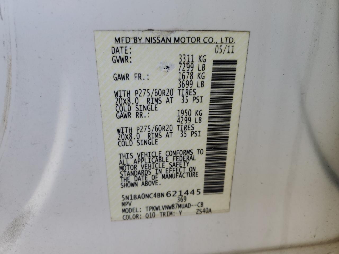 2011 Nissan Armada Sv VIN: 5N1BA0NC4BN621445 Lot: 77257674