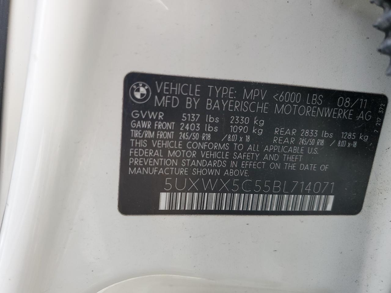 2011 BMW X3 xDrive28I VIN: 5UXWX5C55BL714071 Lot: 78595974