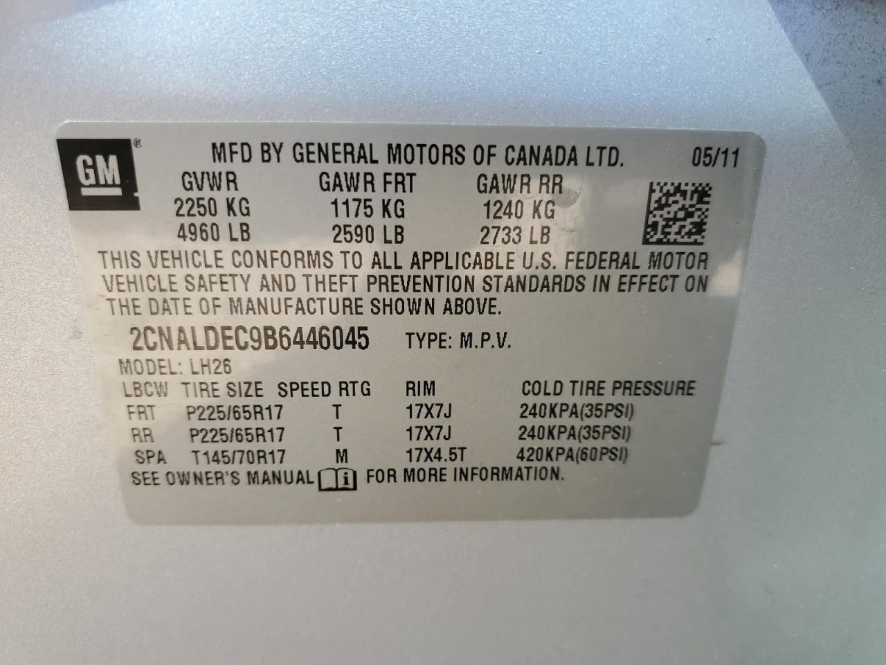 2CNALDEC9B6446045 2011 Chevrolet Equinox Lt