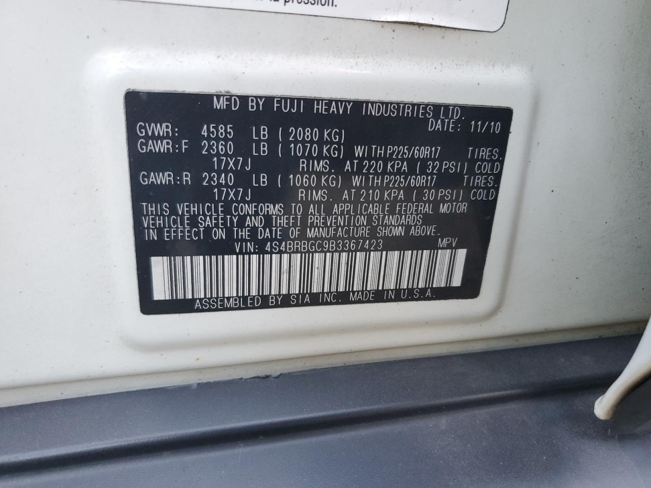 2011 Subaru Outback 2.5I Premium VIN: 4S4BRBGC9B3367423 Lot: 77443444