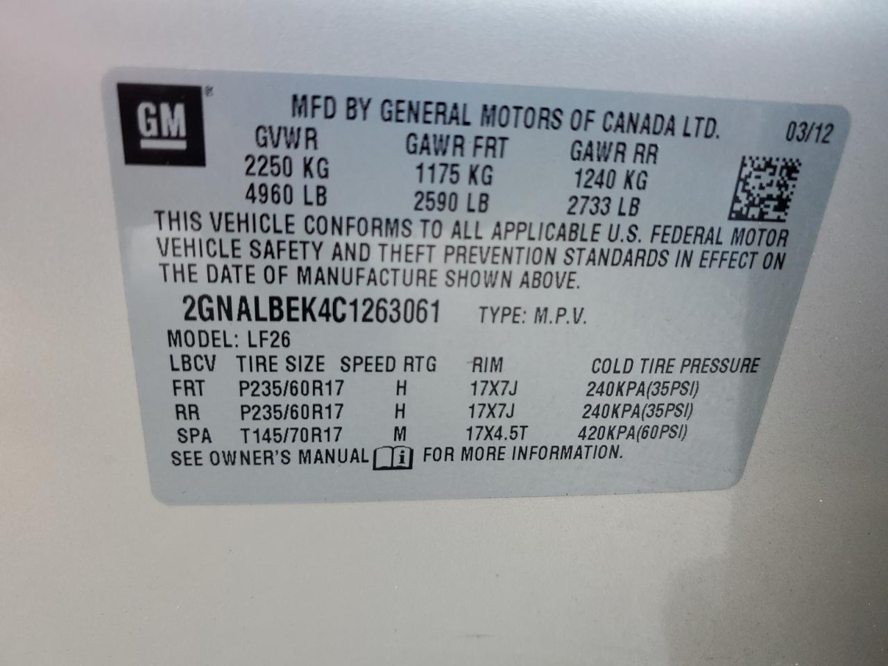 2GNALBEK4C1263061 2012 Chevrolet Equinox Ls