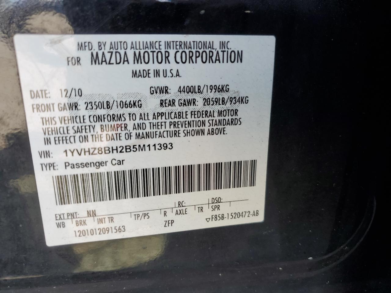 1YVHZ8BH2B5M11393 2011 Mazda 6 I