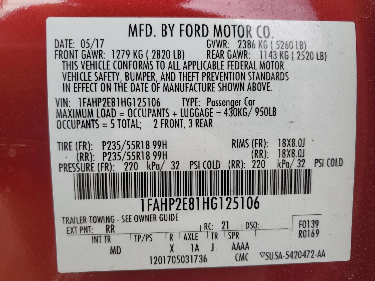 2017 Ford Taurus Sel VIN: 1FAHP2E81HG125106 Lot: 76418184