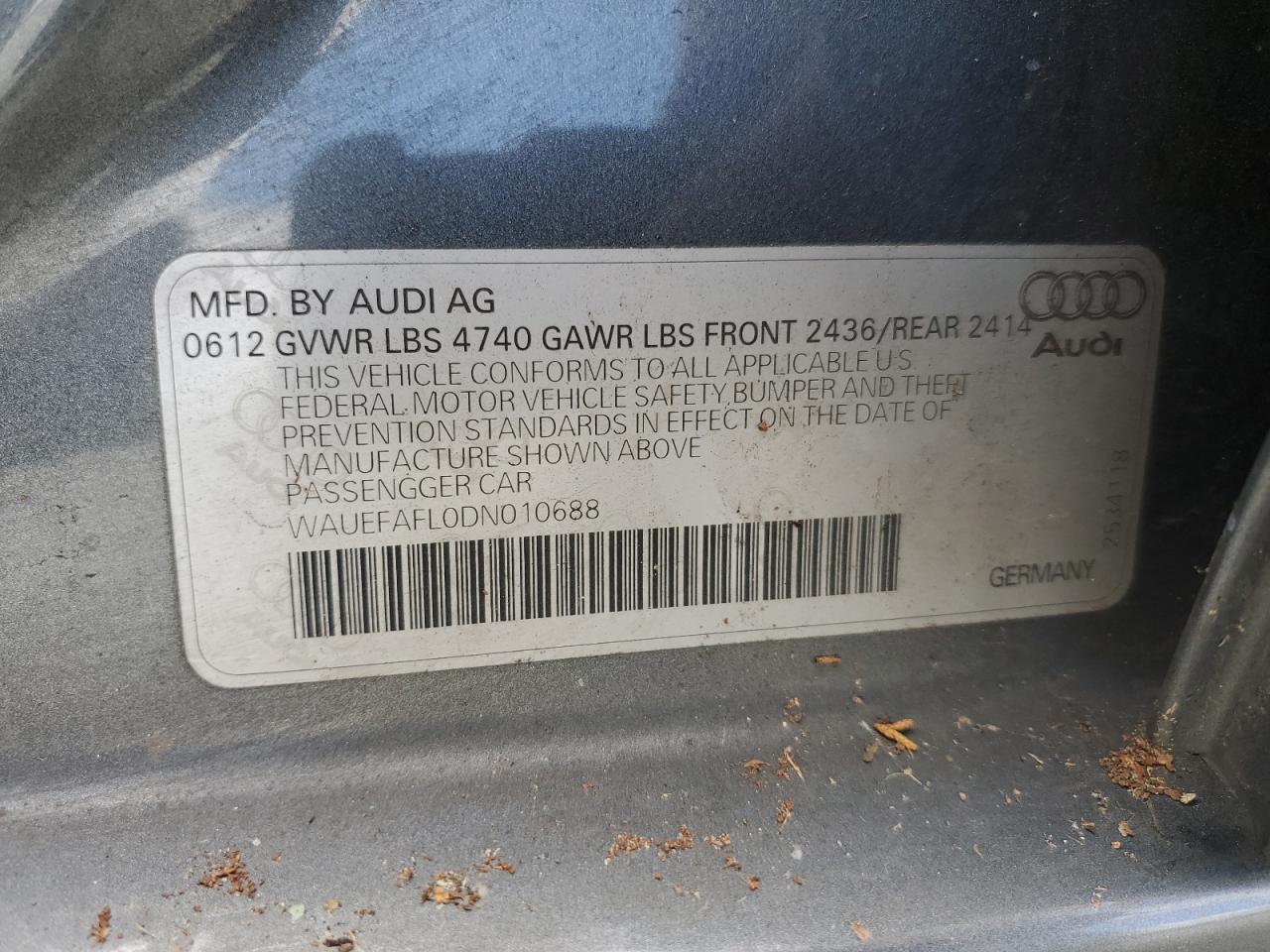 2013 Audi A4 Premium Plus VIN: WAUEFAFL0DN010688 Lot: 73955394