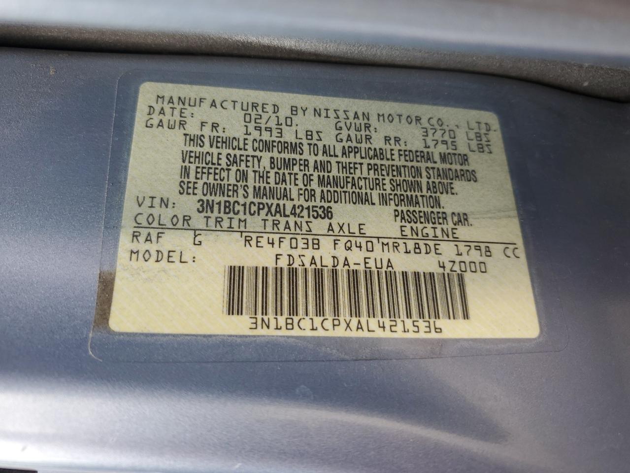 3N1BC1CPXAL421536 2010 Nissan Versa S