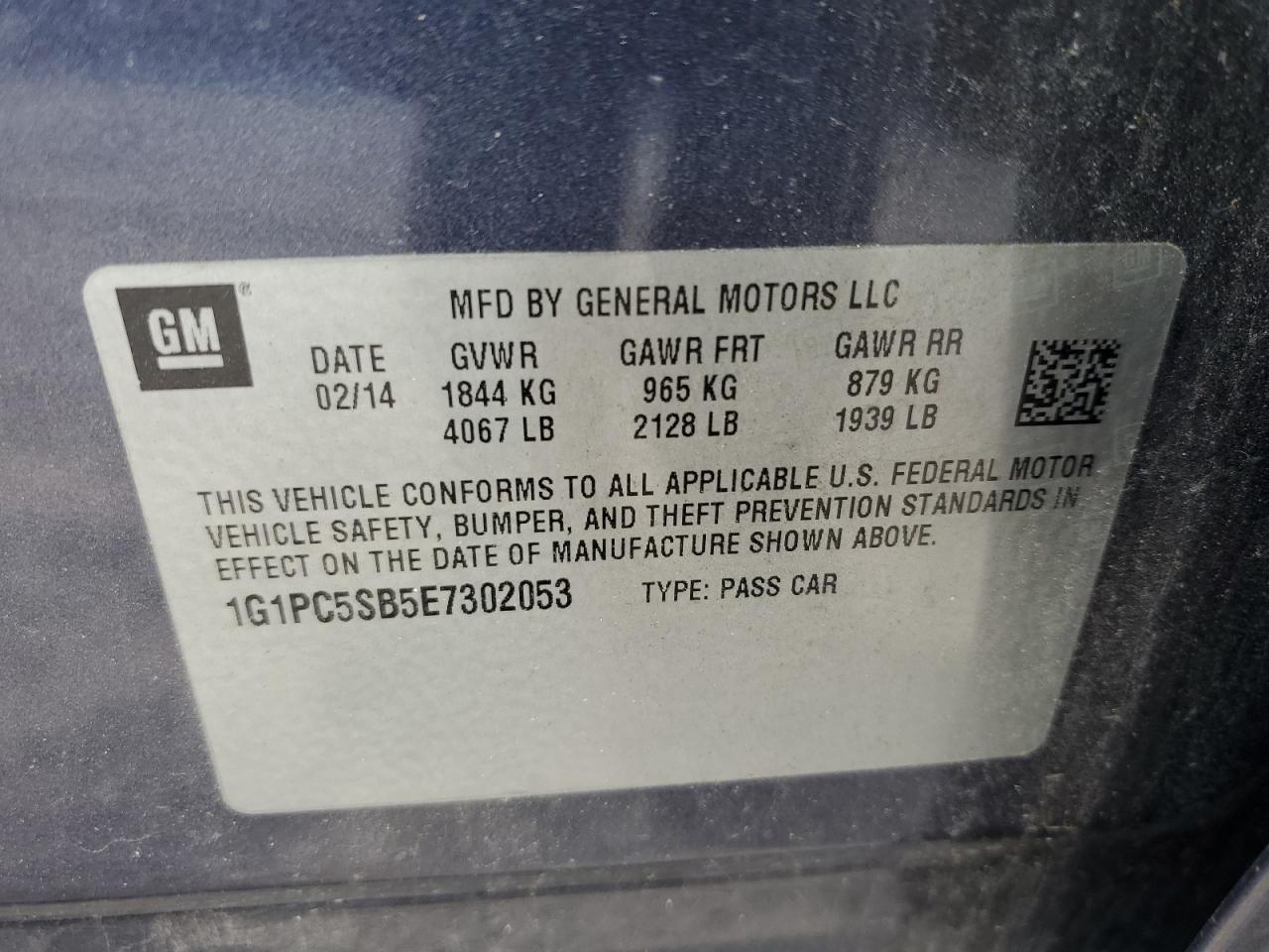 2014 Chevrolet Cruze Lt VIN: 1G1PC5SB5E7302053 Lot: 75735374