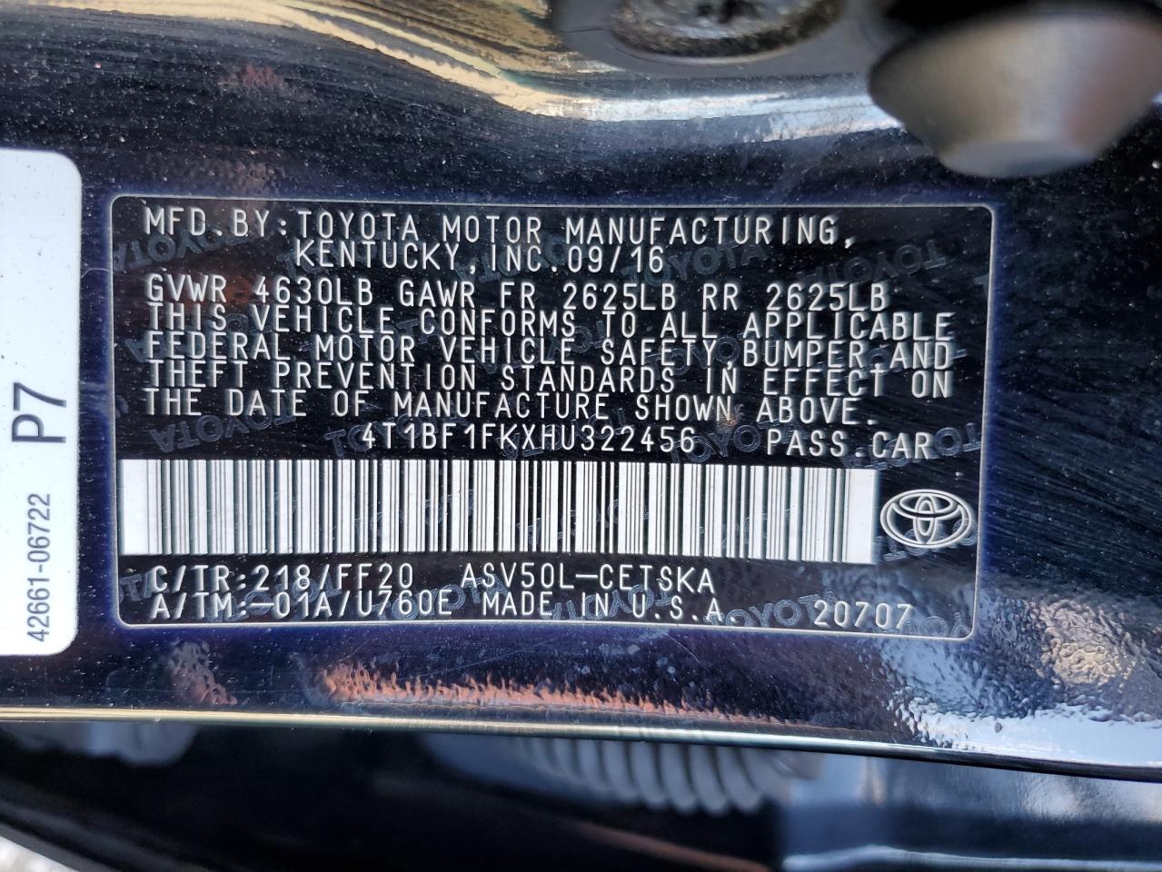 VIN 4T1BF1FKXHU322456 2017 TOYOTA CAMRY no.12