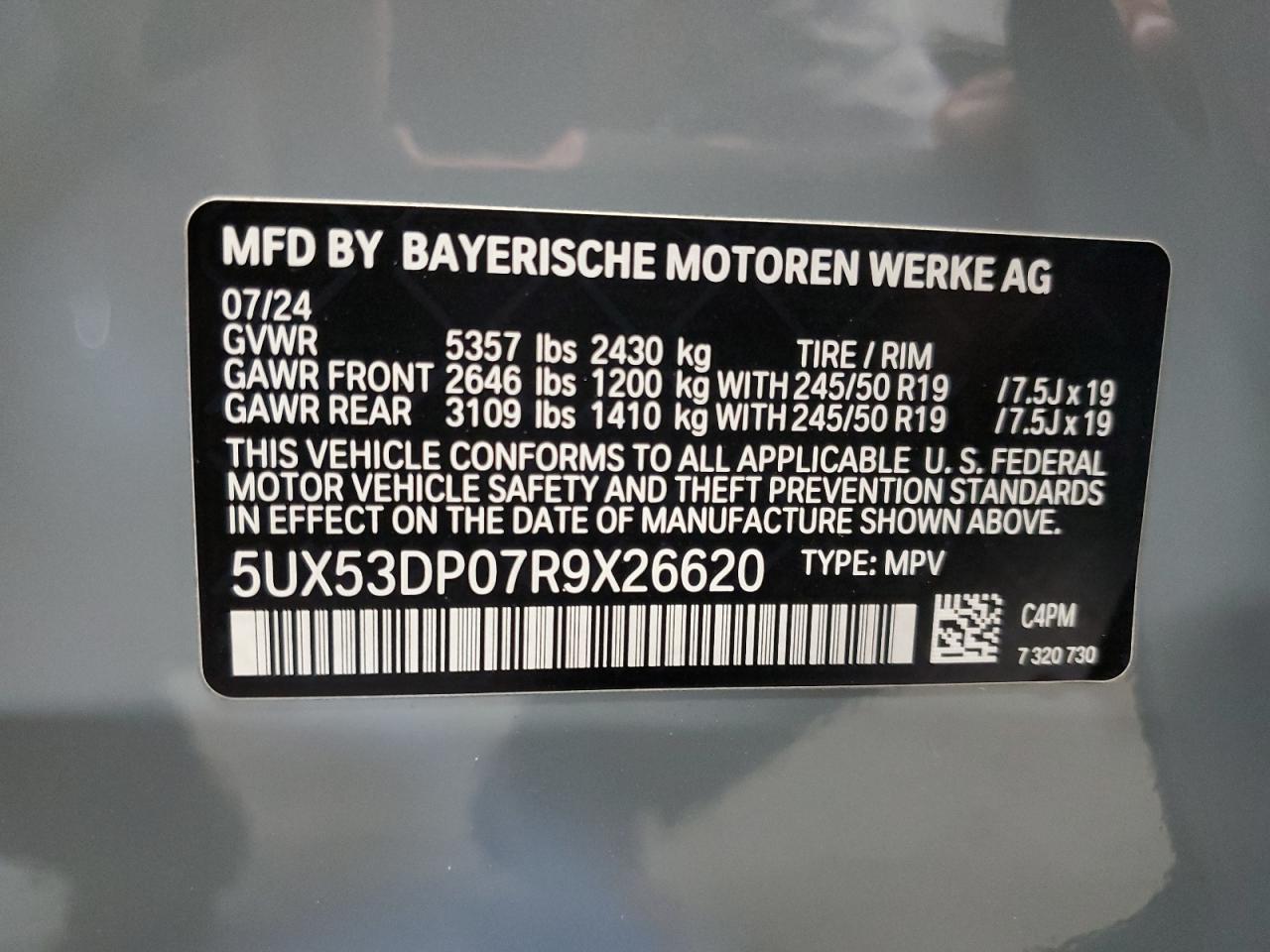 2024 BMW X3 xDrive30I VIN: 5UX53DP07R9X26620 Lot: 77194464