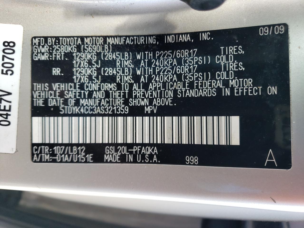 5TDYK4CC3AS321359 2010 Toyota Sienna Xle