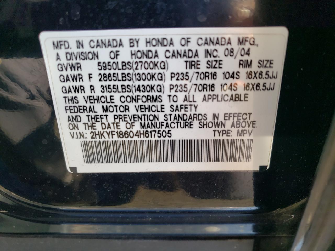 2004 Honda Pilot Exl VIN: 2HKYF18604H617505 Lot: 75933634