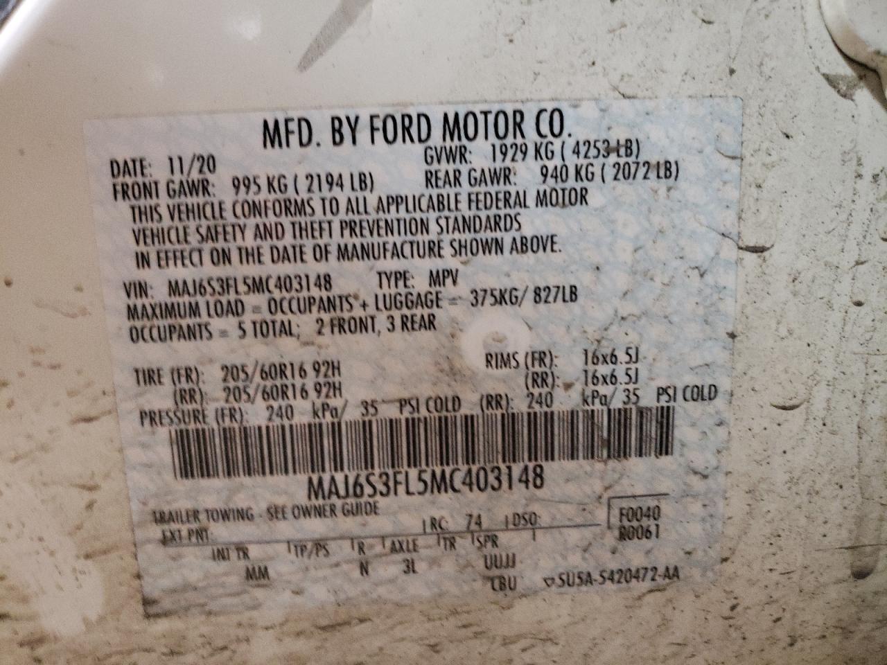 2021 Ford Ecosport S VIN: MAJ6S3FL5MC403148 Lot: 75997364