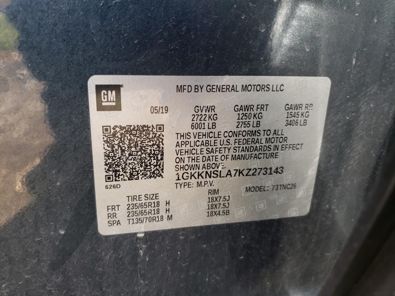 1GKKNSLA7KZ273143 2019 GMC Acadia Sle