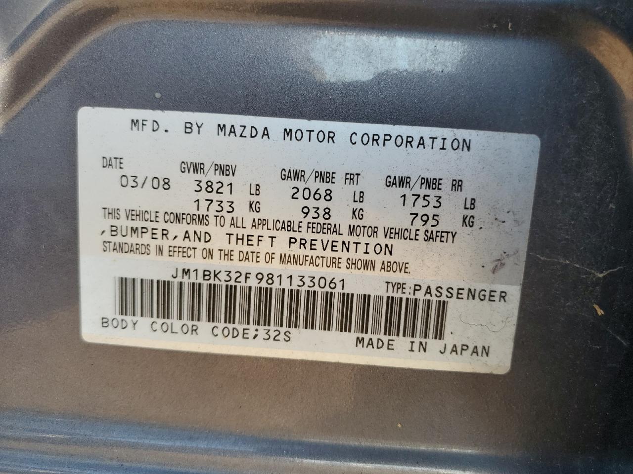 JM1BK32F981133061 2008 Mazda 3 I